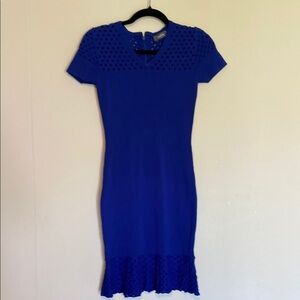 Neiman Marcus | Blue Sheath Mermaid Midi Knit Dress V-Neck Short Sleeve - Small